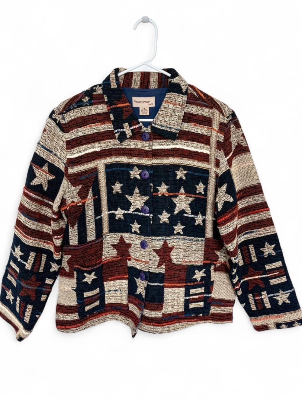 Vintage Resort Wear Patriotic Americana Tapestry Jacket USA Stars Stripes Medium